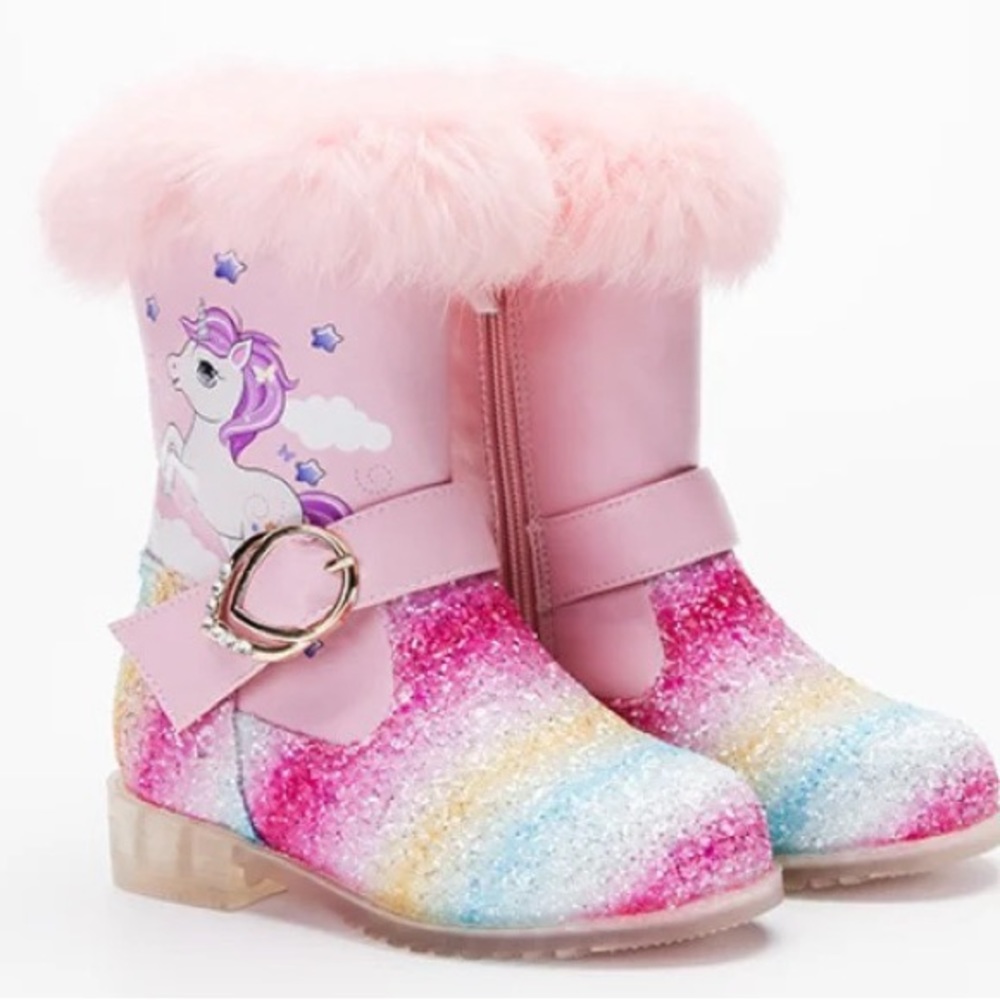 Winter Fur unicorn glitter children boots. Pink & White size 8 toddler to 3